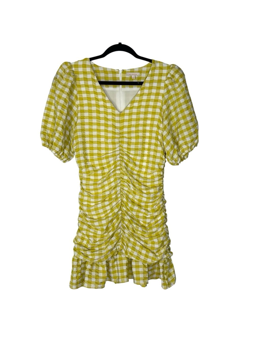 Skies are Blue Dress V-neck Puff Sleeve Seersucker Gingham Chartreuse Size S